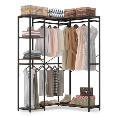 L Shaped Closet Organizer, Freestanding Corner Clothes Garment Rack with 4 Hanging Rods and Open Shelves