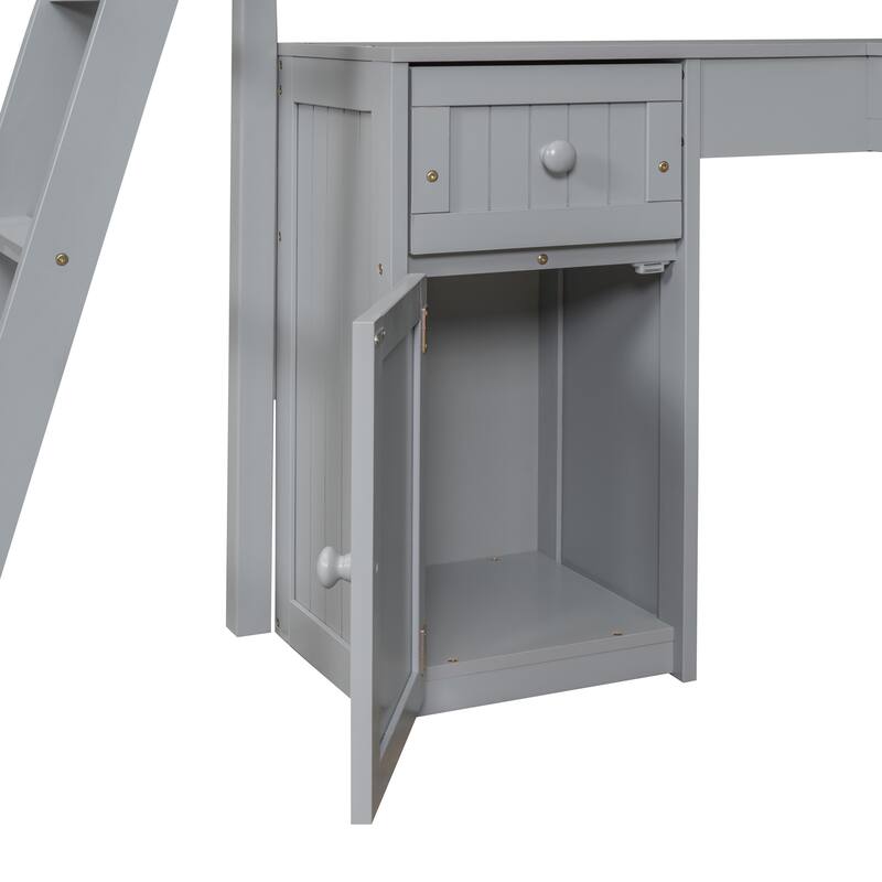 Twin Loft Bed with Drawers, Shelves, Desk, and Cabinet, Space-Saving Wooden Loft Bed