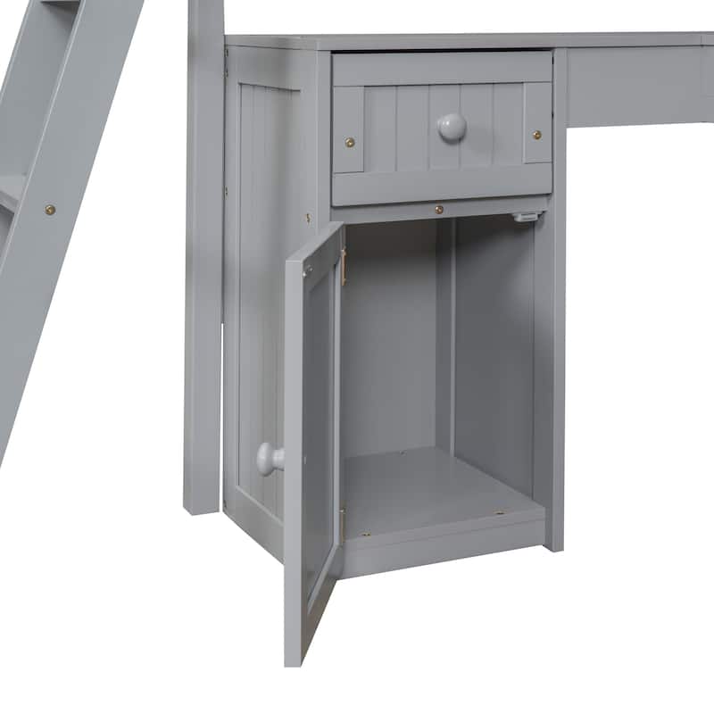 Twin size Loft Bed with Drawers, Cabinet, Shelves and Desk, Wooden Loft Bed with Desk