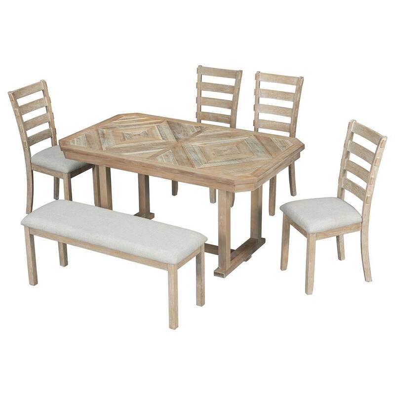 6 PCS Rubber Wood Dining Table Set for 6-Wood Grain Top, Solid Wood Veneer, and Cushioned Seats