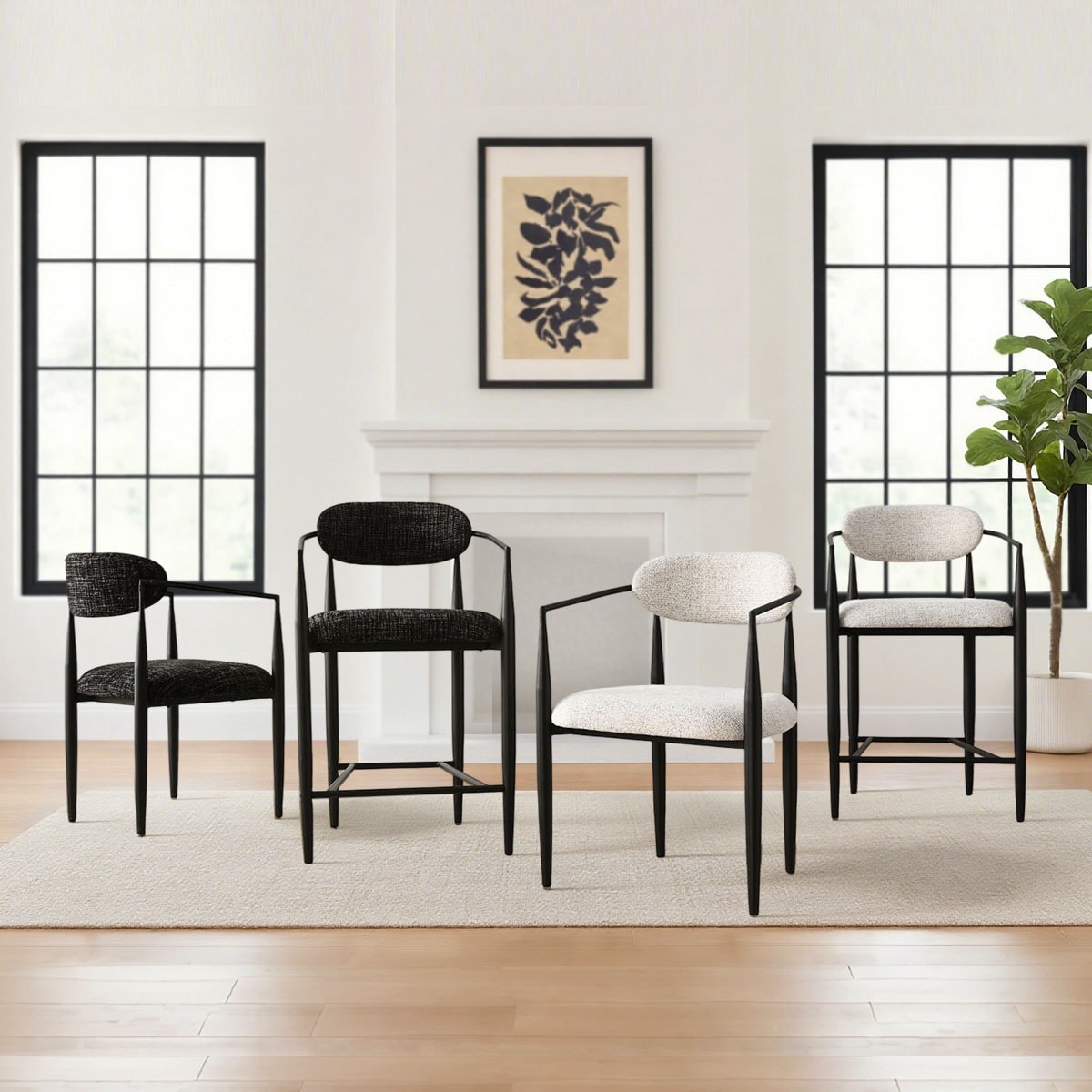 Modern Upholstered Armchairs With Black Metal Frame (Set of 4)