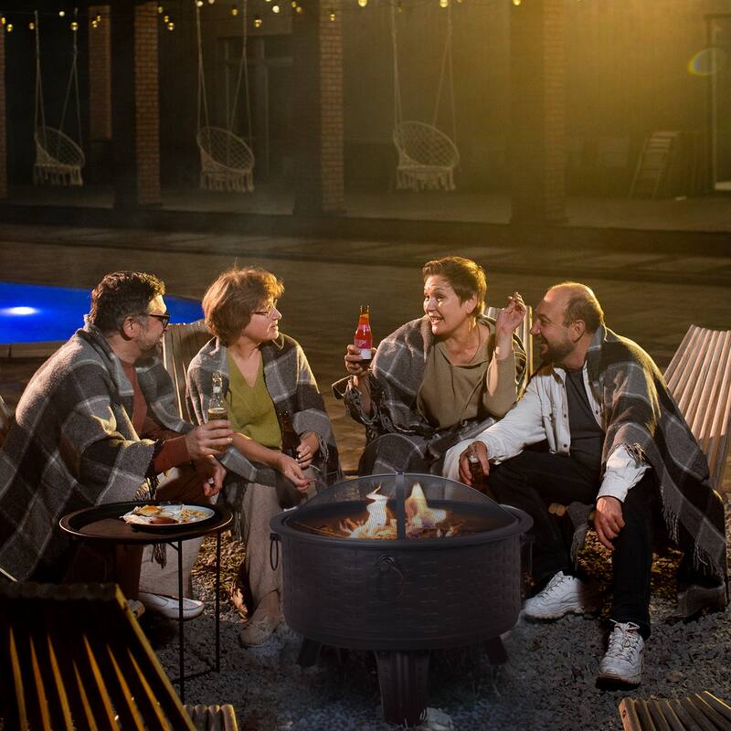 30-Inch Wood-Burning Steel Fire Pits, Round Steel Firepit for Patio Backyard Garden Outdoor Heating with Spark Screen, Poker