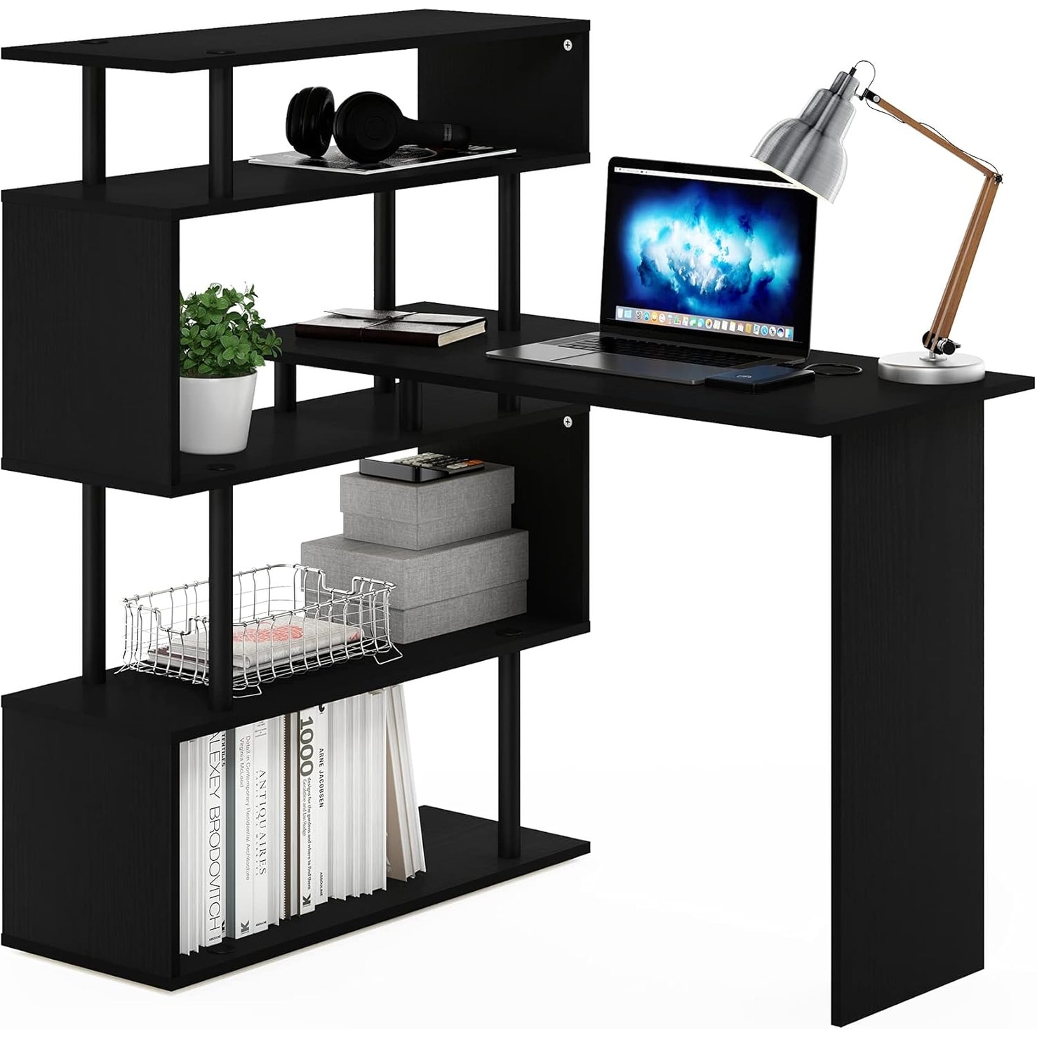 L-Shape Computer Desk with 5-Tier Shelves, Compact, Ample Storage, Durable Composite Wood