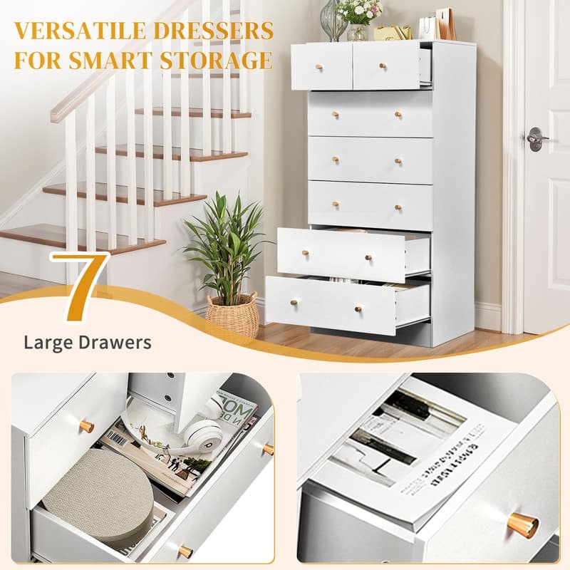 Large 7-Drawer Dresser For Bedroom And Chest Of Drawers With Sturdy Construction Wood Storage Organizer For Closet