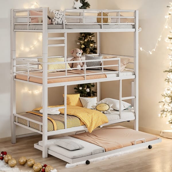 slide 2 of 19, 3 IN 1Twin-Twin -Twin Size Triple Bunk Bed With Trundle White