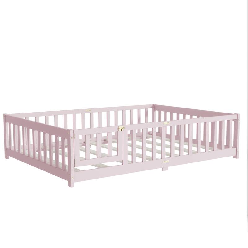 Full Size Floor Bed with Fence and Door,Rubber Wood Floor Bed with Safety Guardrails,Pink