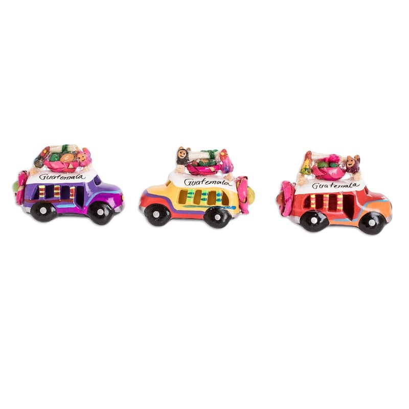 Novica Handmade Multicolor Old Time Buses Ceramic Magnets (Set Of 3)