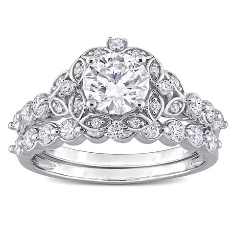 Miadora 1 3/5ct DEW Moissanite Floral Halo Bridal Ring Set in Sterling Silver