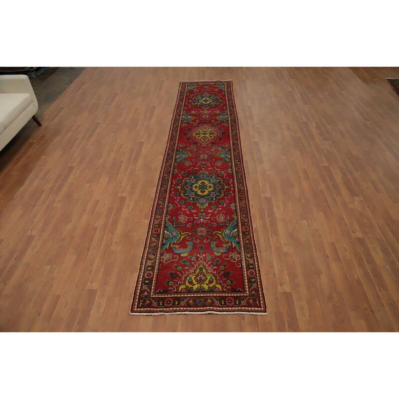Hand Knotted Oriental 100% Wool Carpet Traditional Floral Red Tabriz Runner Rug - 13' 4'' X 2' 10''