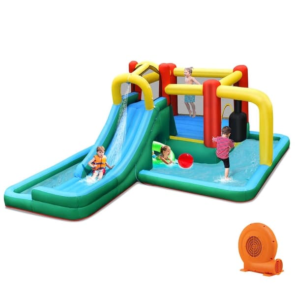 slide 2 of 12, Costway Slide Water Park Climbing Bouncer Splash Pool Pendulum Tunnel - See Details Blue/YellowithRed - See Details - Kids