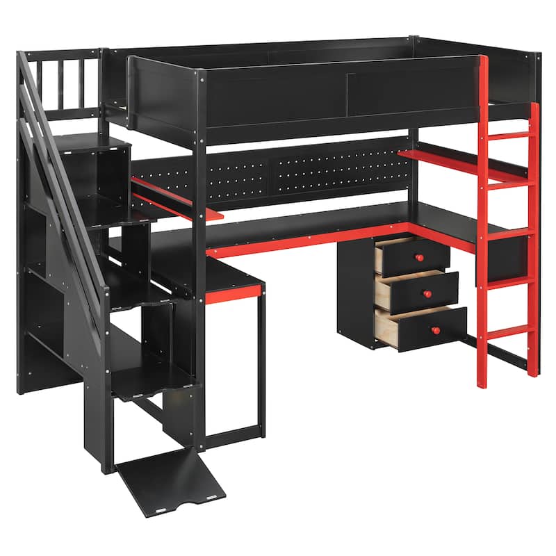 Gaming Loft Bed with Storage Stairs & Desk, Video Game Bed Wood Loft Bed Frame with Pegboard for Teens