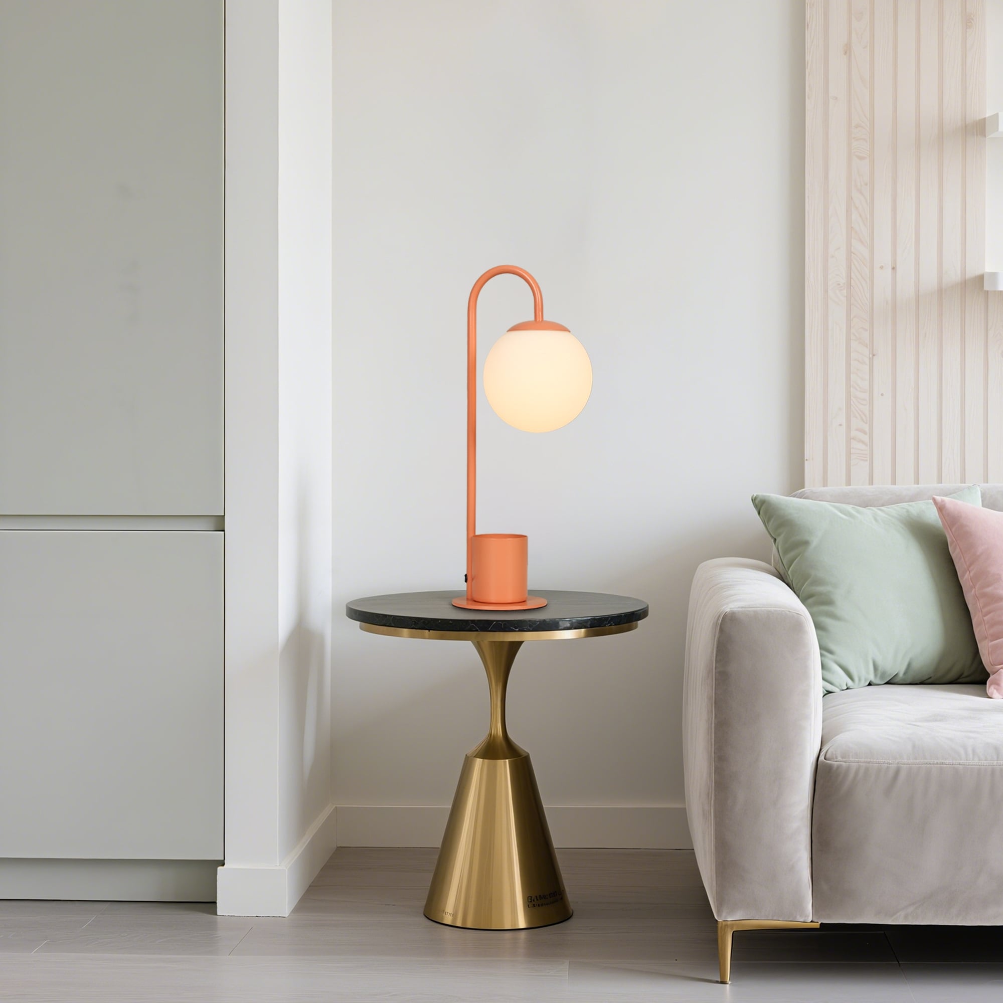 Modern Orange Globe Table Lamp with Curved Metal Arm and Frosted Glass Shade - 5.5