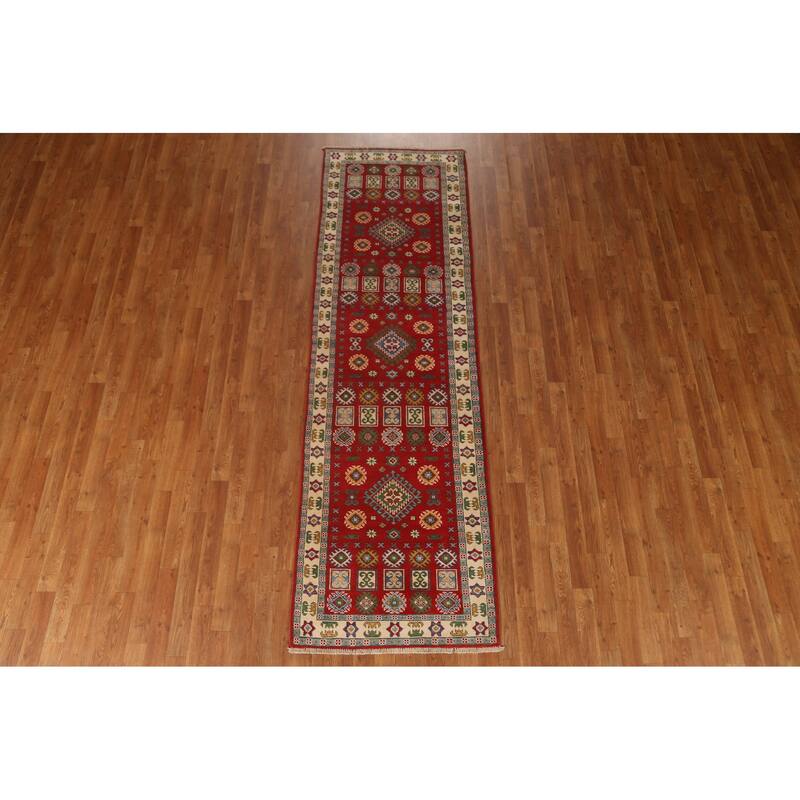 Red Geometric Traditional Kazak Oriental Wool Runner Rug Hand-knotted - 2'9" x 9'4"