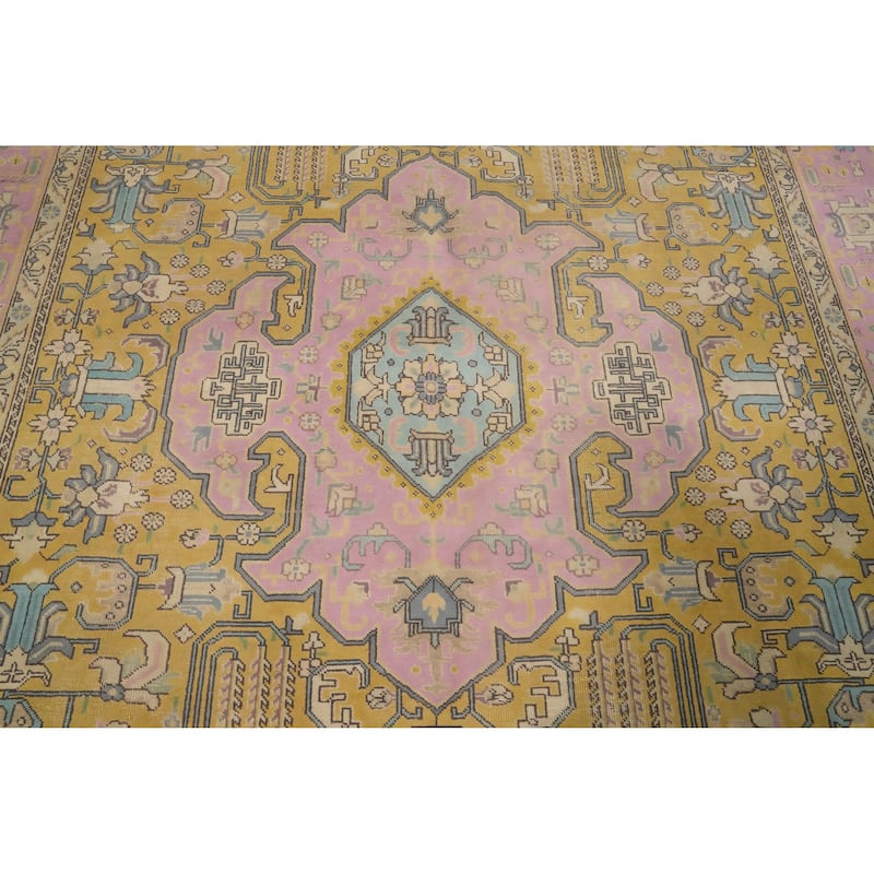 Hand Knotted Oriental 100% Wool Carpet Traditional Floral Yellow & Gold Tabriz Area Rug - 11' 2'' X 8' 0''