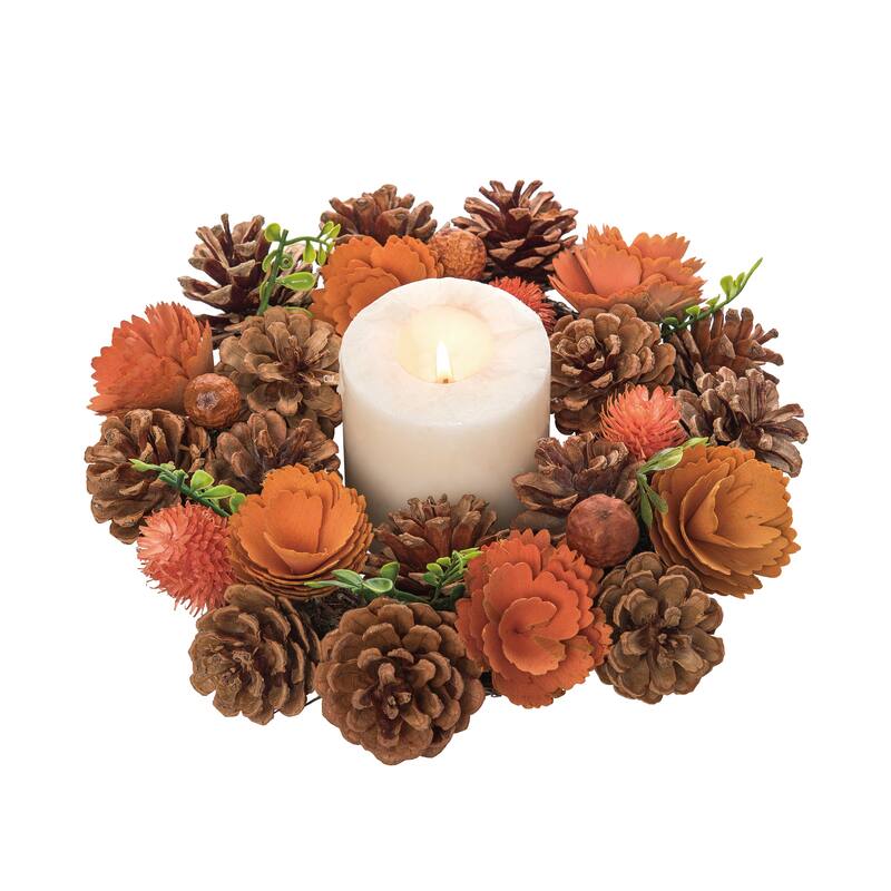 Transpac Foam 10.24 in. Multicolor Harvest Pinecones and Bloom Candle Ring - Multi