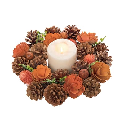 Transpac Foam 10.24 in. Multicolor Harvest Pinecones and Bloom Candle Ring - Multi
