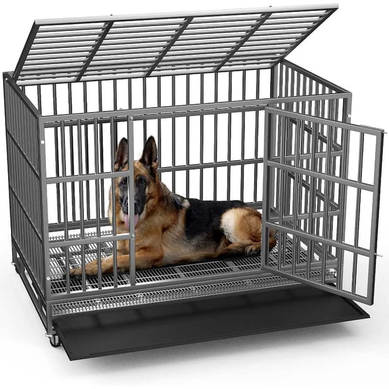 BOSSIN 48/38 inch Heavy Duty Indestructible Dog Crate, Escape Proof Dog Cage Kennel with Lockable Wheels - 42inch - Silver