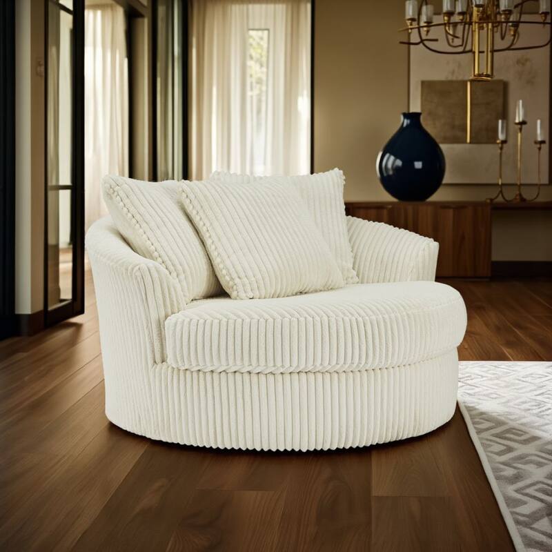 Lindy Oversize Round Swivel Accent Chair, 55 Inch Ivory, 3 Pillows