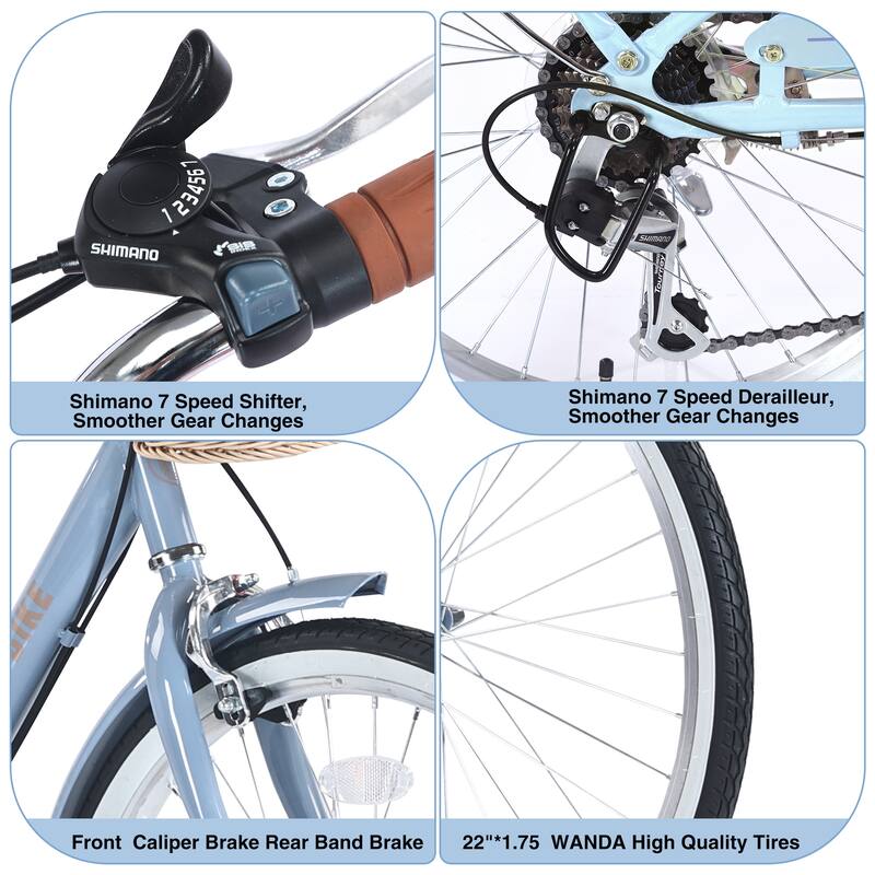 7 Speed Comfort City Bike, 22 Inch Road Cycling Bicycle with Leather Saddle and Basket, Steel Frame for Kids and Teens