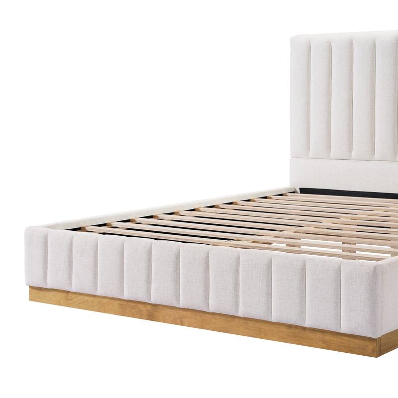 Beige Upholstered Bed with Vertical Stripes Headboard Linen Platform Bed