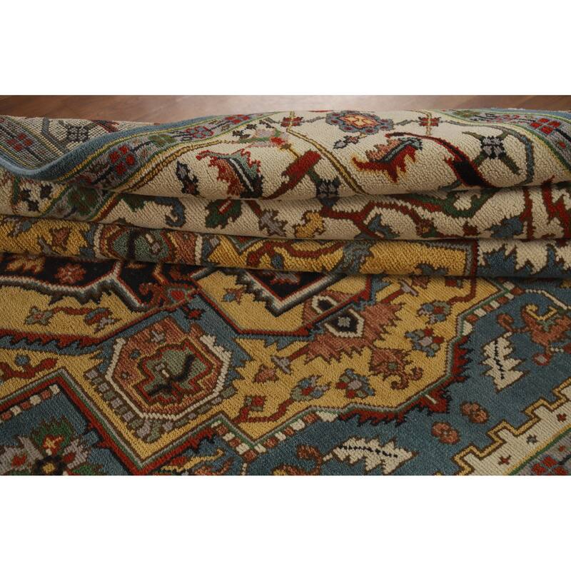 Hand Knotted Oriental 100% Wool Carpet Traditional Medallion Navy Blue & Blues Heriz (serapi) Area Rug - 11' 10'' X 8' 9''