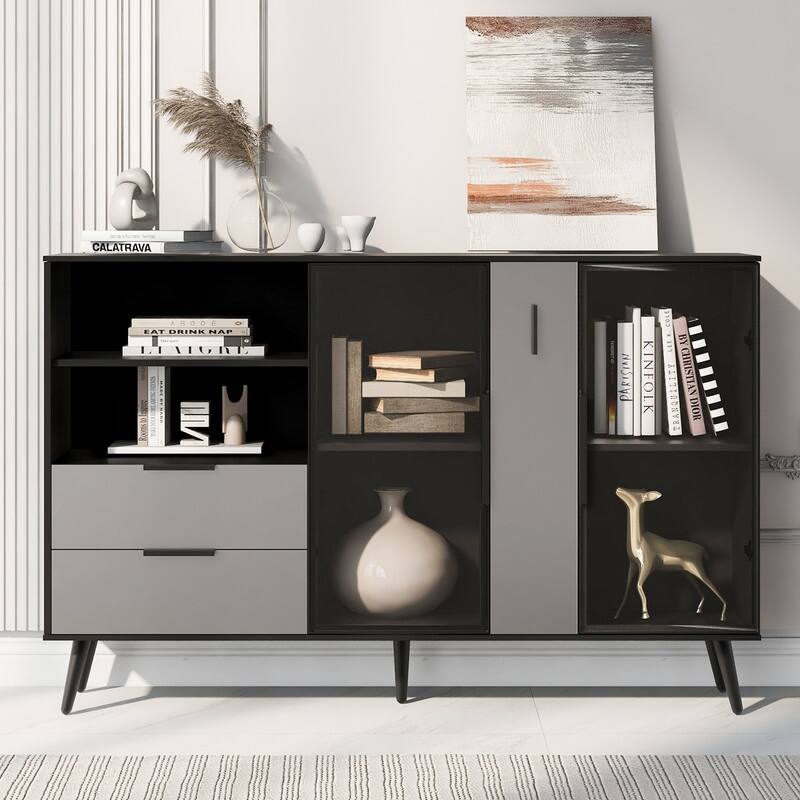 Glass Door Storage Cabinet with Drawers and Metal Handles, Living Room Modern Buffet Sideboard