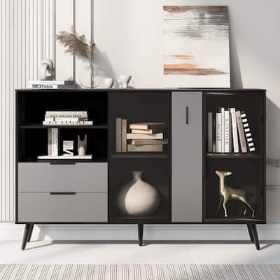 Glass Door Storage Cabinet with Drawers and Metal Handles, Living Room Modern Buffet Sideboard