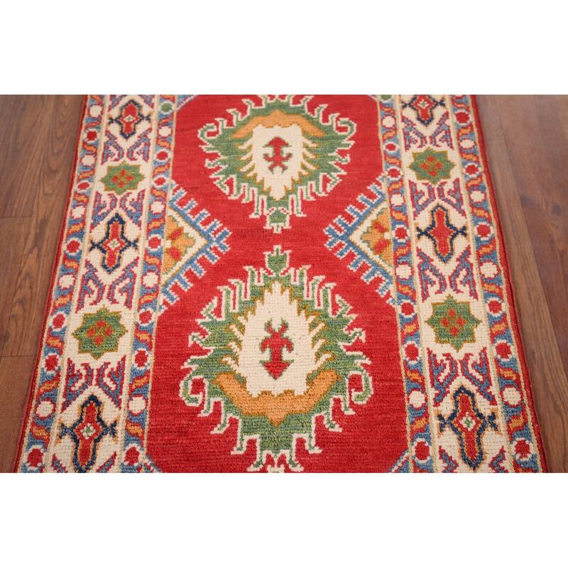 Hand Knotted Oriental 100% Wool Carpet Traditional Geometric Red Kazak Area Rug - 2' 11'' X 1' 11''