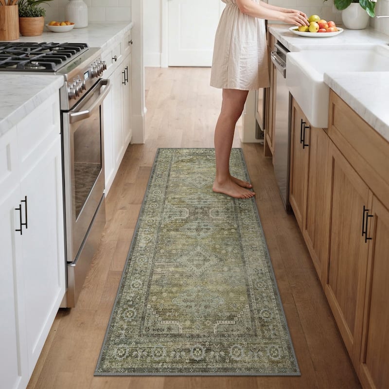 Mcow Sage Green Boho Pattern Ultra-Thin Low-Pile Washable Non-Slip Area Rug