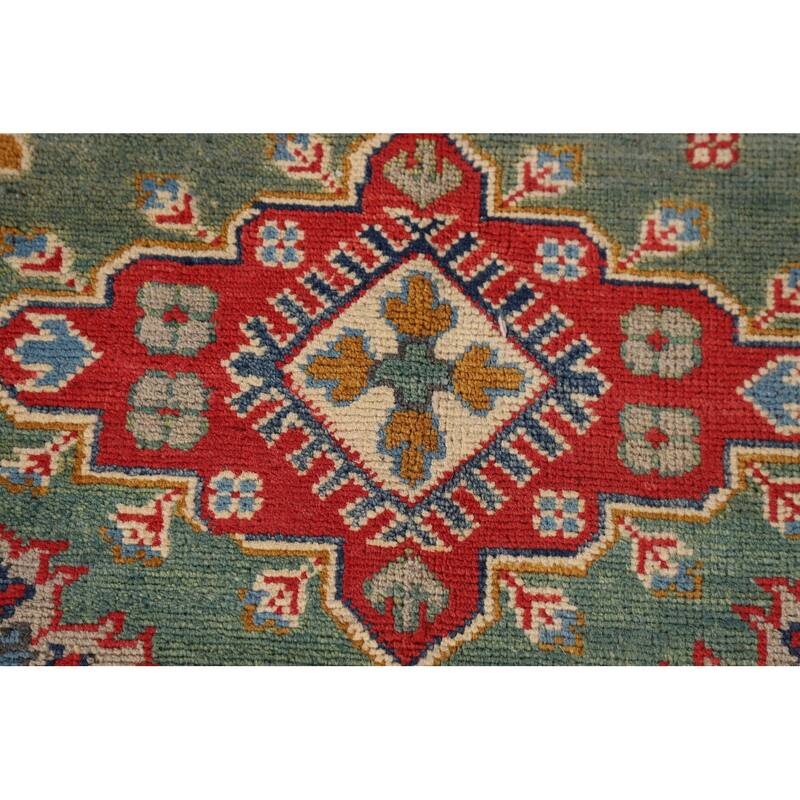 Green Geometric Kazak Accent Rug Handmade Oriental Wool Carpet - 3'4"x 4'10"
