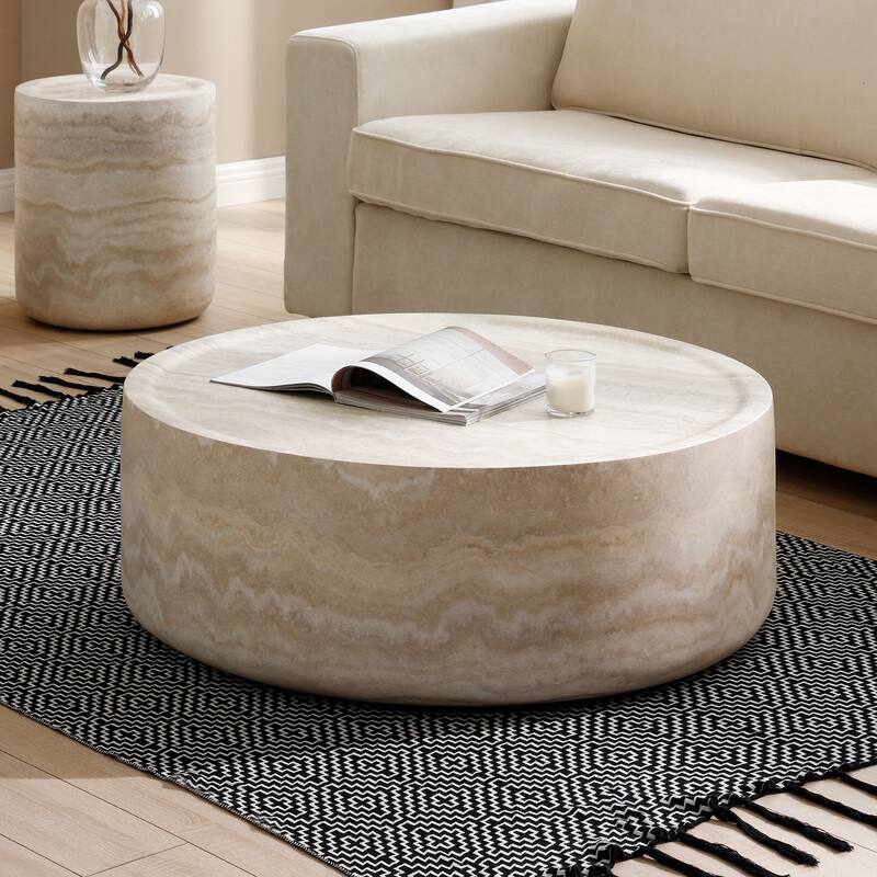 Round Low Coffee Table for Living Room, Modern Faux Mars Pattern Circle Tea Table for Reception Room, No Need Assembly