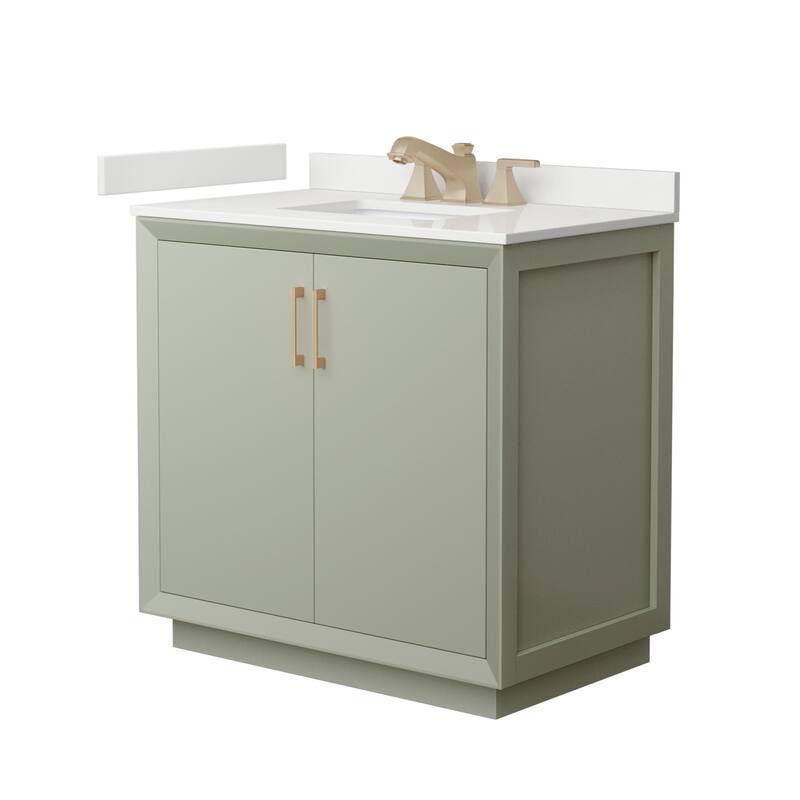Wyndham Collection WCF414136S-QTZ-US3MXX Strada 36" Free Standing - Light Green / White Quartz Top / Satin Bronze