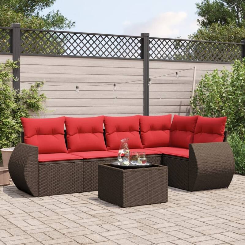 vidaXL Patio Sofa Set with Cushions Outdoor Conversation Furniture Poly Rattan - 24.4 x 24.4 x 27.2 - Brown and Red-With table