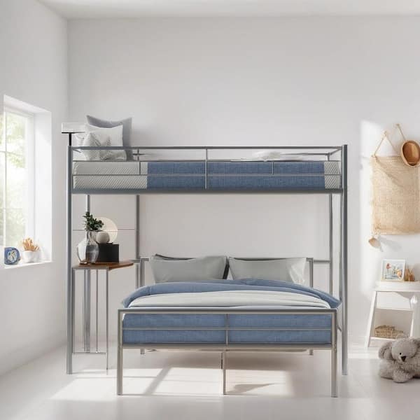 slide 2 of 9, Twin Over Full Bunk Bed with Desk, Metal Bed with Ladder, Kid's Bed with Quality Slats for Bedroom, Metallic Silver