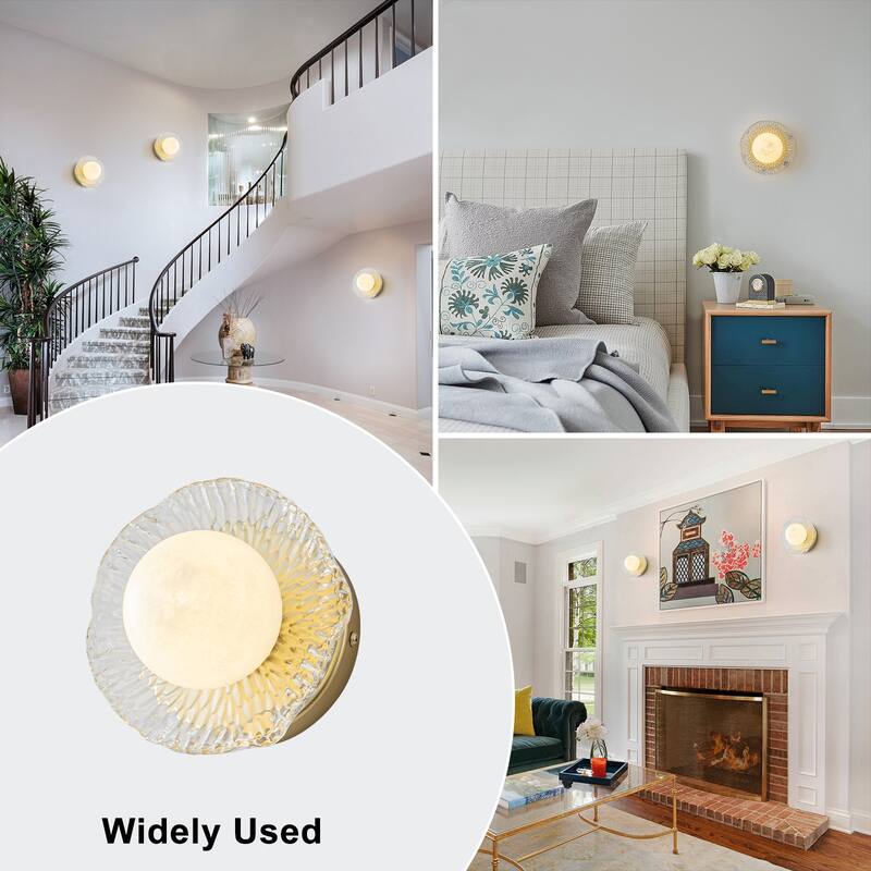 Gold Lotus Leaf Textured Glass Plate Wall Sconce Moon Globe Lampshade