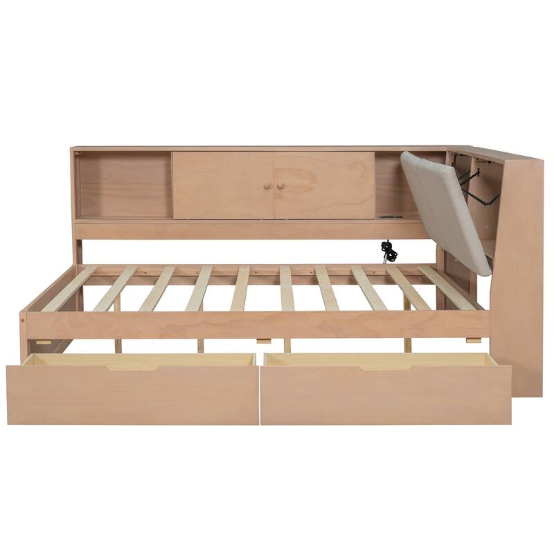 L-shaped Daybed Wooden Corner Sofa Bed Frame with Sliding Doors Bookcase Captains Bed, Upholstered Headboard Built-in Storage