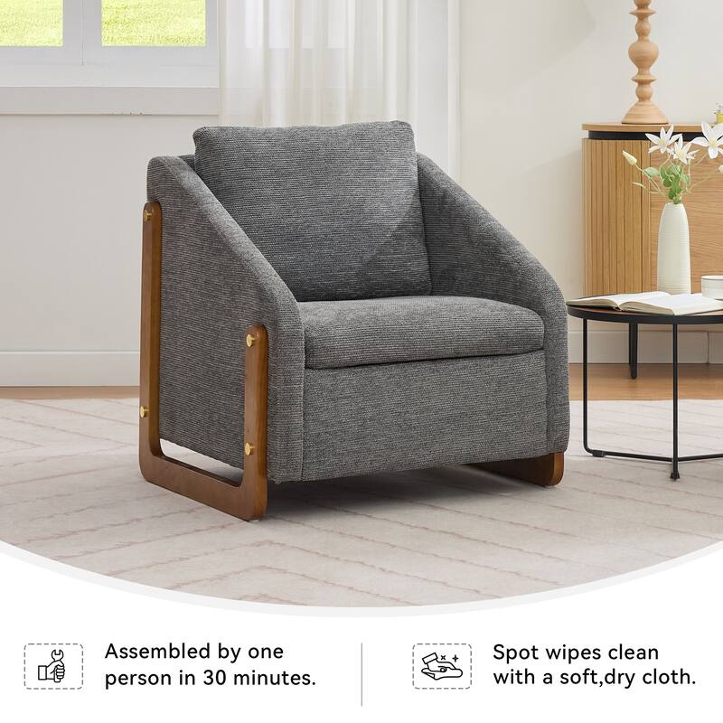 Modern Chenille Upholstered Armchair with Wooden Side Frame, Single Accent Leisure Chair with Backrest for Living Room, Bedroom