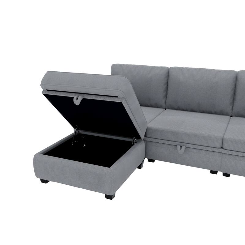 Linen Fabric U Shaped Modular Couch Set with Ottomans and Storage Seats