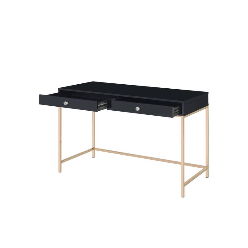 Black Wood Writing Desk with Gold Metal Base, Drawers and Shelving