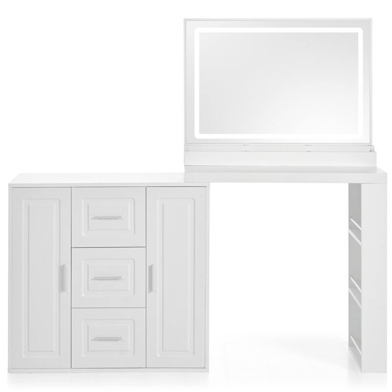 59" White LED Makeup Vanity Desk with Mirror, 3 Drawers & 2 Cabinets, Storage Shelves for Bedroom
