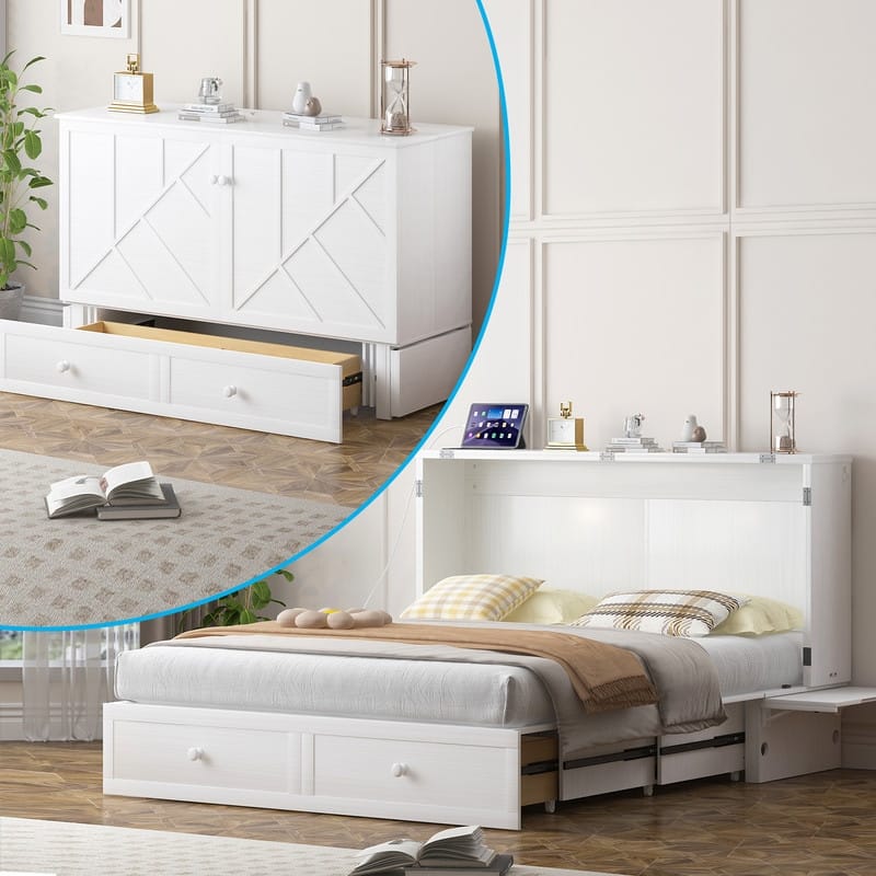 Mixoy Modern Queen Murphy Bed Chest with Mattress and USB ports - White - Queen