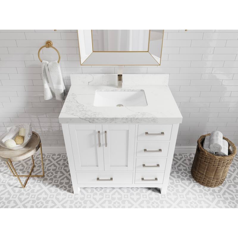 Willow Collections 36 in. W x 22 in. D Malibu Center Sink Left Bathroom Vanity with Countertop - 2" Calacatta Nuvo - White