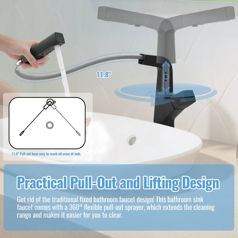 Solid Brass Pull Out 360° Swivel Single Hole Bathroom Faucet