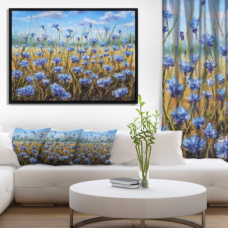Designart "Blue Flowers in Meadow " Floral Framed Canvas