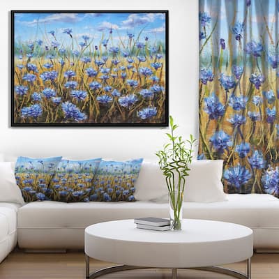 Designart "Blue Flowers in Meadow " Floral Framed Canvas