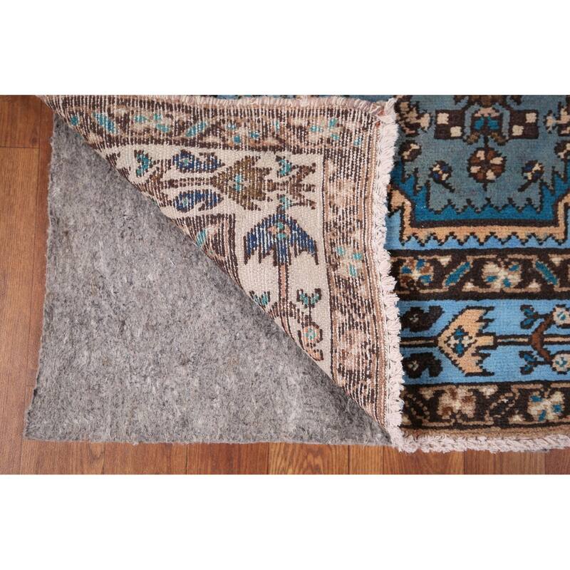 Blue Hamedan Persian Vintage Runner Rug Hand-Knotted Wool Carpet - 3'4" x 9'2"