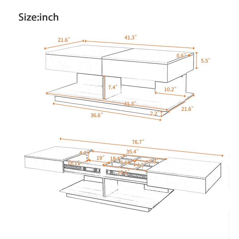 41.3"-76.7" Extendable Coffee Table with Hidden Storage, High Gloss Finish, Multiple Compartments & 16-Color LED Lights