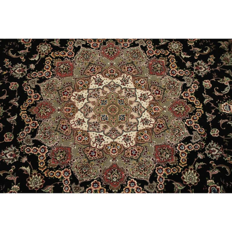 Hand Knotted Oriental Wool & Silk Carpet Traditional Floral Black Tabriz Area Rug - 11' 9'' X 9' 1''