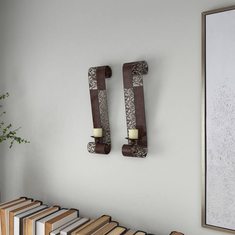 Brown Metal Cutout Leaf Wall Sconce with Scrolled Edges (Set of 2) - S/2 21"H, 4"W