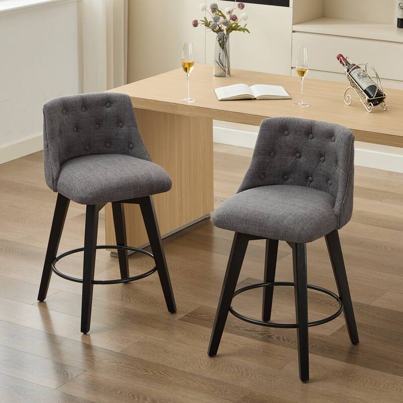 Bar Stools Set of 2, Upholstered Counter Height Chairs with Button-Tufted Backrest, Kitchen Island Chair with Footrest - Dark Gray